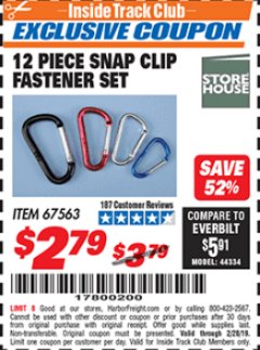Harbor Freight ITC Coupon STOREHOUSE SNAP CLIP FASTENER SET, 12-PIECE Lot No. 67563 Expired: 2/28/19 - $2.79