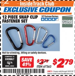 Harbor Freight ITC Coupon STOREHOUSE SNAP CLIP FASTENER SET, 12-PIECE Lot No. 67563 Expired: 10/31/19 - $2.79