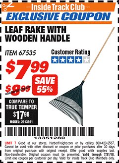 Harbor Freight ITC Coupon ONE STOP GARDENS LEAF RAKE WITH WOOD HANDLE Lot No. 67535 Expired: 7/31/18 - $7.99
