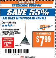 Harbor Freight ITC Coupon LEAF RAKE WITH WOODEN HANDLE Lot No. 67535 Expired: 9/25/18 - $7.99