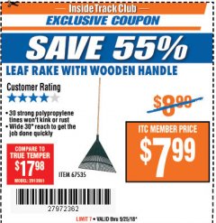 Harbor Freight ITC Coupon ONE STOP GARDENS LEAF RAKE WITH WOOD HANDLE Lot No. 67535 Expired: 9/25/18 - $7.99