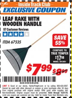 Harbor Freight ITC Coupon LEAF RAKE WITH WOODEN HANDLE Lot No. 67535 Expired: 12/31/18 - $7.99