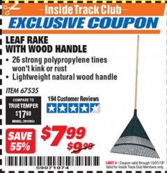 Harbor Freight ITC Coupon LEAF RAKE WITH WOODEN HANDLE Lot No. 67535 Expired: 10/31/19 - $7.99