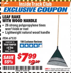 Harbor Freight ITC Coupon ONE STOP GARDENS LEAF RAKE WITH WOOD HANDLE Lot No. 67535 Expired: 10/31/19 - $7.99