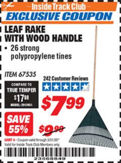 Harbor Freight ITC Coupon LEAF RAKE WITH WOODEN HANDLE Lot No. 67535 Expired: 3/31/20 - $7.99