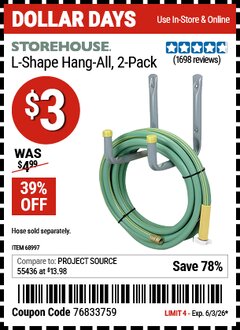 Harbor Freight Coupon STOREHOUSE L-SHAPE HANG-ALL, 2-PACK Lot No. 68997 Valid Thru: 6/3/26 - $3
