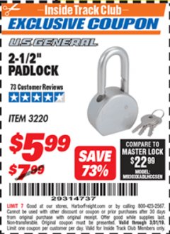 Harbor Freight ITC Coupon 2-12" PADLOCK Lot No. 3220 Expired: 3/31/19 - $5.99
