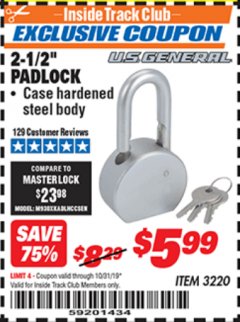 Harbor Freight ITC Coupon 2-12" PADLOCK Lot No. 3220 Expired: 10/31/19 - $5.99