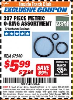Harbor Freight ITC Coupon 397 PIECE METRIC O-RING ASSORTMENT Lot No. 67580 Expired: 12/31/18 - $5.99