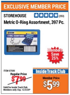Harbor Freight ITC Coupon 397 PIECE METRIC O-RING ASSORTMENT Lot No. 67580 Expired: 12/3/20 - $5.99