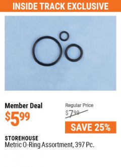 Harbor Freight ITC Coupon 397 PIECE METRIC O-RING ASSORTMENT Lot No. 67580 Expired: 5/31/21 - $5.99