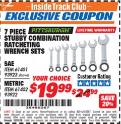Harbor Freight ITC Coupon 7 PIECE STUBBY RATCHETING COMBINATION WRENCH SETS Lot No. 61401/93923/93922/61402 Expired: 10/31/18 - $19.99