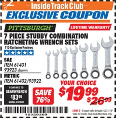 Harbor Freight ITC Coupon 7 PIECE STUBBY RATCHETING COMBINATION WRENCH SETS Lot No. 61401/93923/93922/61402 Expired: 12/31/19 - $19.99