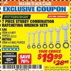Harbor Freight ITC Coupon 7 PIECE STUBBY RATCHETING COMBINATION WRENCH SETS Lot No. 61401/93923/93922/61402 Expired: 4/30/20 - $19.99