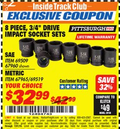 Harbor Freight ITC Coupon 8 PIECE 3/4" DRIVE IMPACT SOCKET SETS Lot No. 69509/67960/67965/69519 Expired: 7/31/18 - $32.99