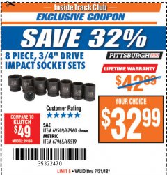 Harbor Freight ITC Coupon 8 PIECE 3/4" DRIVE IMPACT SOCKET SETS Lot No. 69509/67960/67965/69519 Expired: 7/31/18 - $32.99