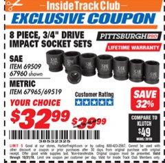 Harbor Freight ITC Coupon 8 PIECE 3/4" DRIVE IMPACT SOCKET SETS Lot No. 69509/67960/67965/69519 Expired: 10/31/18 - $32.99