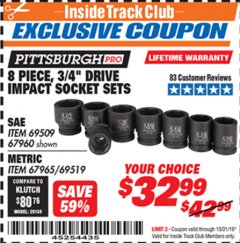 Harbor Freight ITC Coupon 8 PIECE 3/4" DRIVE IMPACT SOCKET SETS Lot No. 69509/67960/67965/69519 Expired: 10/31/19 - $32.99