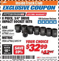 Harbor Freight ITC Coupon 8 PIECE 3/4" DRIVE IMPACT SOCKET SETS Lot No. 69509/67960/67965/69519 Expired: 2/29/20 - $32.99