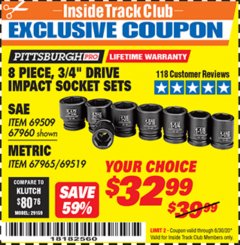 Harbor Freight ITC Coupon 8 PIECE 3/4" DRIVE IMPACT SOCKET SETS Lot No. 69509/67960/67965/69519 Expired: 6/30/20 - $32.99