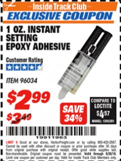 Harbor Freight ITC Coupon HFT 1 OZ. INSTANT SETTING EPOXY ADHESIVE Lot No. 96034 Expired: 9/30/18 - $2.99