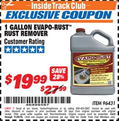 Harbor Freight ITC Coupon 1 GALLON EVAPO-RUST RUST REMOVER Lot No. 96431 Expired: 11/30/18 - $19.99