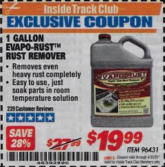 Harbor Freight ITC Coupon 1 GALLON EVAPO-RUST RUST REMOVER Lot No. 96431 Expired: 4/30/20 - $19.99