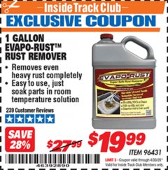 Harbor Freight ITC Coupon 1 GALLON EVAPO-RUST RUST REMOVER Lot No. 96431 Expired: 4/30/20 - $19.99