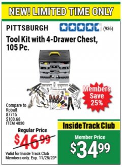 Harbor Freight ITC Coupon 105 PIECE TOOL KIT WITH 4-DRAWER CHEST Lot No. 4030/69323/69380/61591 Expired: 11/25/20 - $34.99