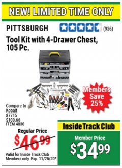 Harbor Freight ITC Coupon PITTSBURGH TOOL SET WITH 4-DRAWER CHEST, 105 PIECE Lot No. 4030 Expired: 11/25/20 - $34.99