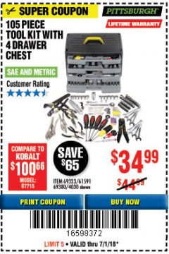 Harbor Freight Coupon PITTSBURGH TOOL SET WITH 4-DRAWER CHEST, 105 PIECE Lot No. 4030 Expired: 7/1/18 - $34.99