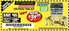 Harbor Freight Coupon PITTSBURGH TOOL SET WITH 4-DRAWER CHEST, 105 PIECE Lot No. 4030 Expired: 9/1/18 - $34.99
