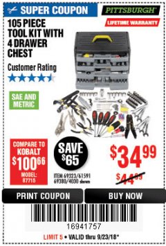 Harbor Freight Coupon 105 PIECE TOOL KIT WITH 4-DRAWER CHEST Lot No. 4030/69323/69380/61591 Expired: 9/23/18 - $34.99
