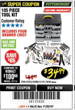 Harbor Freight Coupon PITTSBURGH TOOL SET WITH 4-DRAWER CHEST, 105 PIECE Lot No. 4030 Expired: 11/30/18 - $34.99