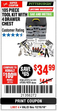 Harbor Freight Coupon PITTSBURGH TOOL SET WITH 4-DRAWER CHEST, 105 PIECE Lot No. 4030 Expired: 12/16/18 - $34.99