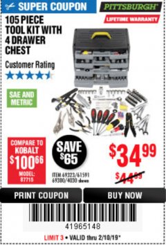 Harbor Freight Coupon 105 PIECE TOOL KIT WITH 4-DRAWER CHEST Lot No. 4030/69323/69380/61591 Expired: 2/10/19 - $34.99