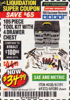 Harbor Freight Coupon PITTSBURGH TOOL SET WITH 4-DRAWER CHEST, 105 PIECE Lot No. 4030 Expired: 5/31/19 - $34.99