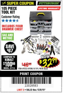 Harbor Freight Coupon PITTSBURGH TOOL SET WITH 4-DRAWER CHEST, 105 PIECE Lot No. 4030 Expired: 12/8/19 - $32.99