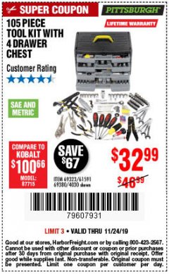 Harbor Freight Coupon PITTSBURGH TOOL SET WITH 4-DRAWER CHEST, 105 PIECE Lot No. 4030 Expired: 11/24/19 - $32.99
