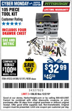 Harbor Freight Coupon PITTSBURGH TOOL SET WITH 4-DRAWER CHEST, 105 PIECE Lot No. 4030 Expired: 12/2/19 - $32.99