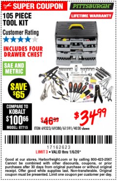 Harbor Freight Coupon 105 PIECE TOOL KIT WITH 4-DRAWER CHEST Lot No. 4030/69323/69380/61591 Expired: 1/6/20 - $34.99