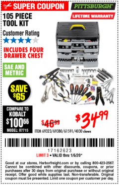 Harbor Freight Coupon PITTSBURGH TOOL SET WITH 4-DRAWER CHEST, 105 PIECE Lot No. 4030 Expired: 1/6/20 - $34.99
