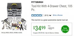Harbor Freight Coupon PITTSBURGH TOOL SET WITH 4-DRAWER CHEST, 105 PIECE Lot No. 4030 Expired: 6/30/20 - $34.99