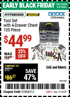 Harbor Freight Coupon PITTSBURGH TOOL SET WITH 4-DRAWER CHEST, 105 PIECE Lot No. 4030 Expired: 11/13/22 - $44.99