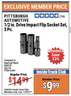 Harbor Freight ITC Coupon 3 PIECE 1/2" DRIVE IMPACT FLIP SOCKET SET Lot No. 62491 Expired: 1/28/21 - $9.99