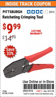 Harbor Freight ITC Coupon RATCHETING CRIMPING TOOL Lot No. 63708/97420 Expired: 8/31/20 - $9.99
