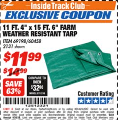 Harbor Freight ITC Coupon 11 FT. 4" x 15 Ft. 6" FARM ALL PURPOSE WEATHER RESISTANT TARP Lot No. 2131/60458/69198 Expired: 9/30/18 - $11.99