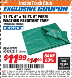 Harbor Freight ITC Coupon 11 FT. 4" x 15 Ft. 6" FARM ALL PURPOSE WEATHER RESISTANT TARP Lot No. 2131/60458/69198 Expired: 1/31/19 - $11.99