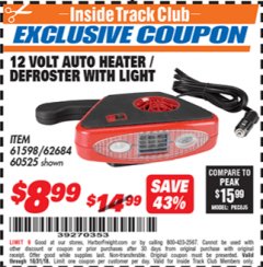 Harbor Freight ITC Coupon 12 VOLT AUTO HEATER/DEFROSTER WITH LIGHT Lot No. 61598/60525/96144 Expired: 10/31/18 - $8.99