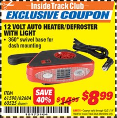 Harbor Freight ITC Coupon 12 VOLT AUTO HEATER/DEFROSTER WITH LIGHT Lot No. 61598/60525/96144 Expired: 12/31/19 - $8.99